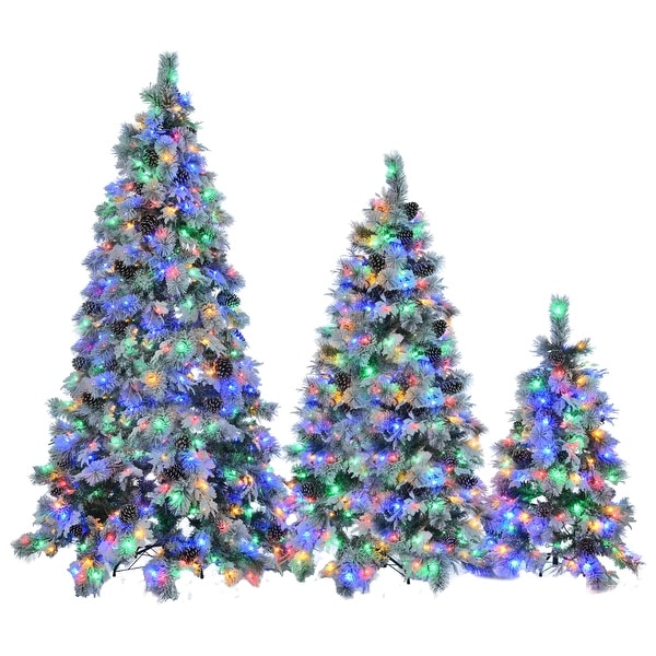 PreLit Snow Flocked Christmas Tree Set，4FT 6FT 7.5FT，PE and PVC Mixed Leaves，Hinged Tree 820 LED Lights，11 Flashing Modes