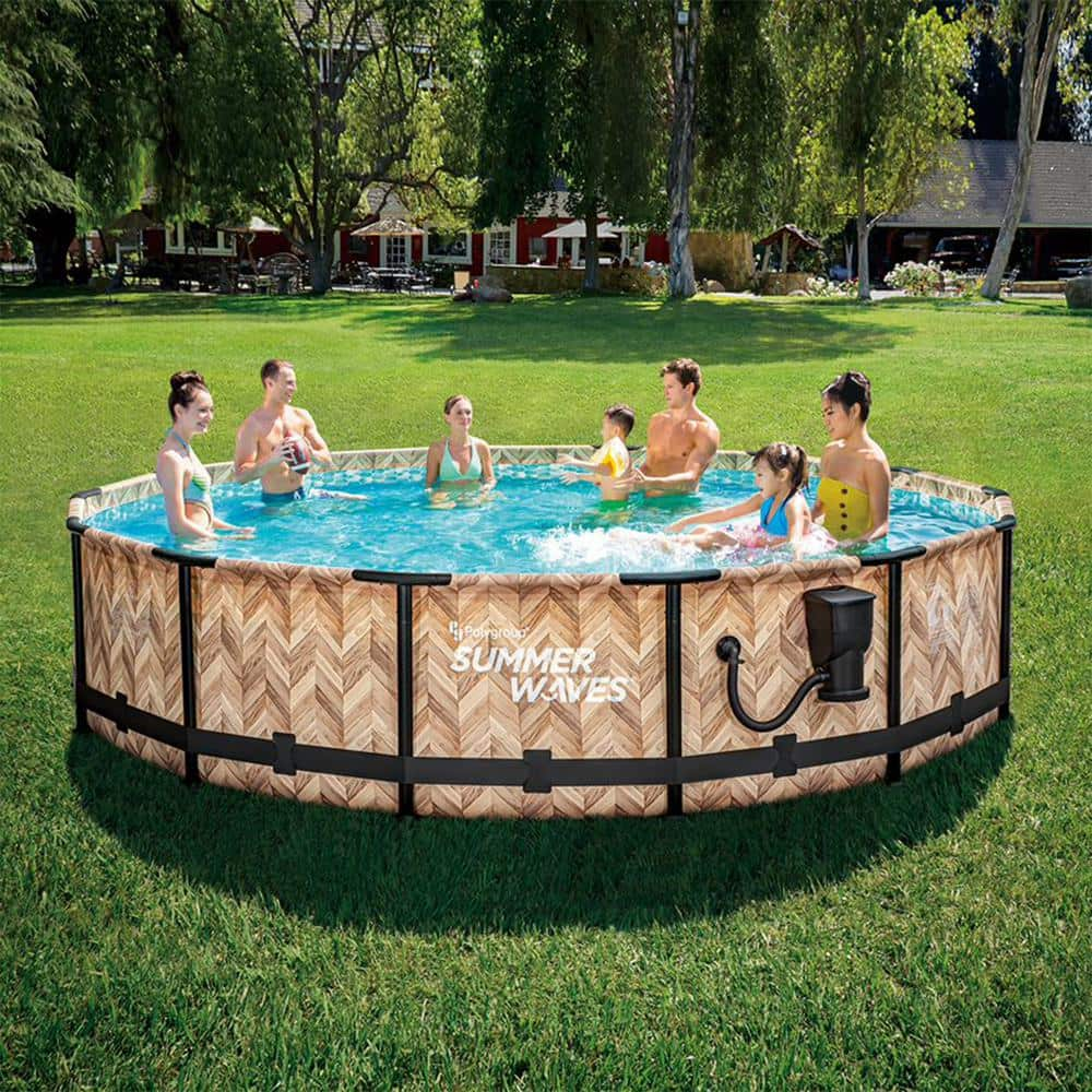 Summer Waves Light Oak Elite 14 ft. x 36 in. Round Frame Above Ground Swimming Pool P4Z01436E