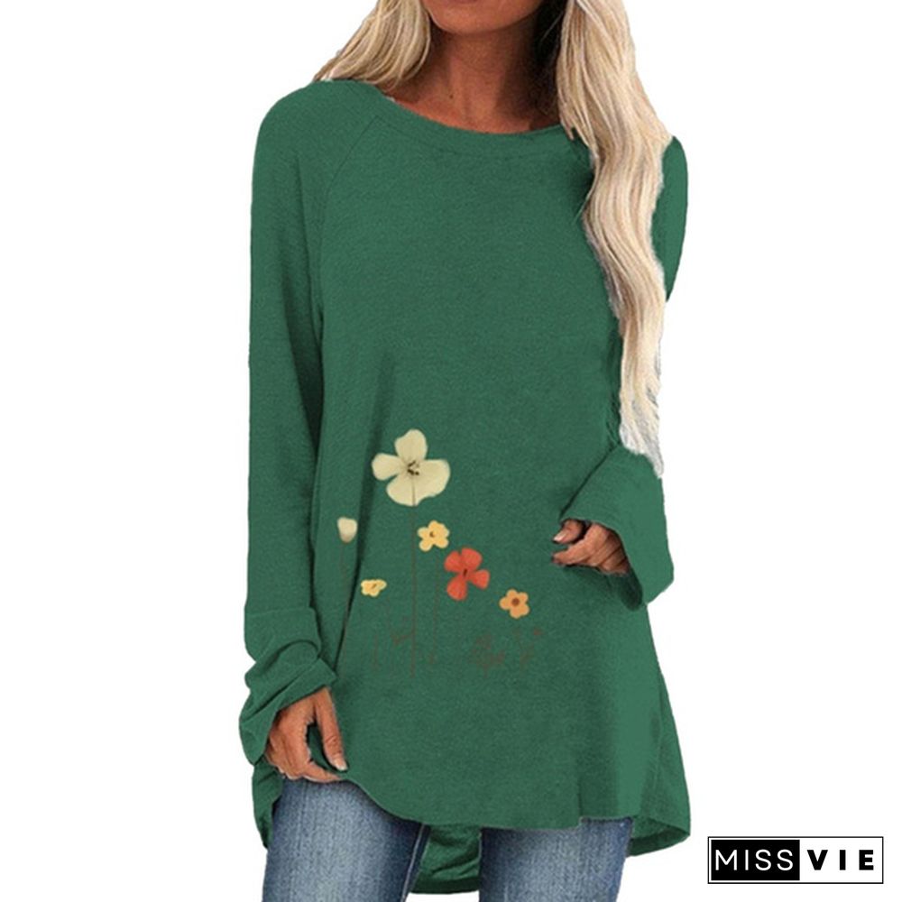 Spring and Autumn Plus Size Fashion Women Clothing Flowers Printed Casual T-shirt Ladies Long Sleeve Round Neck Pullover Tops