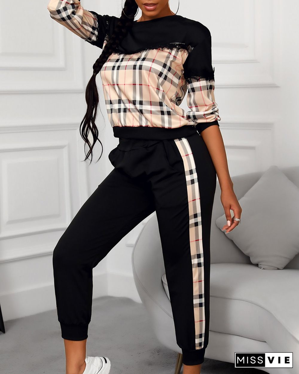 Plaid Fringe Hem Long Sleeve Top & Pocket Pants Set P13919