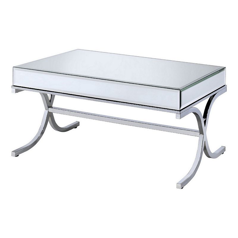 42 Inch Rectangular Coffee Table， Mirrored， X Shaped Metal Legs， Silver