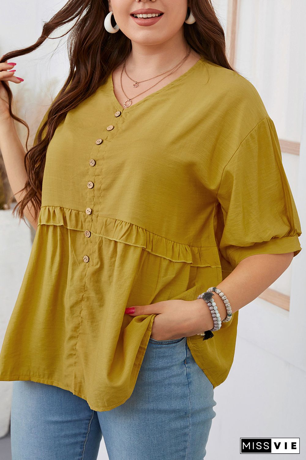 Button Down V Neck Ruffle Plus Size Top