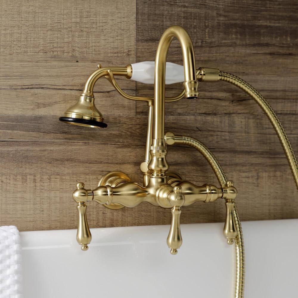 Kingston Brass Aqua Vintage 3-Handle Wall-Mount Clawfoot Tub Faucets with Hand Shower in Brushed Brass HAE7T7