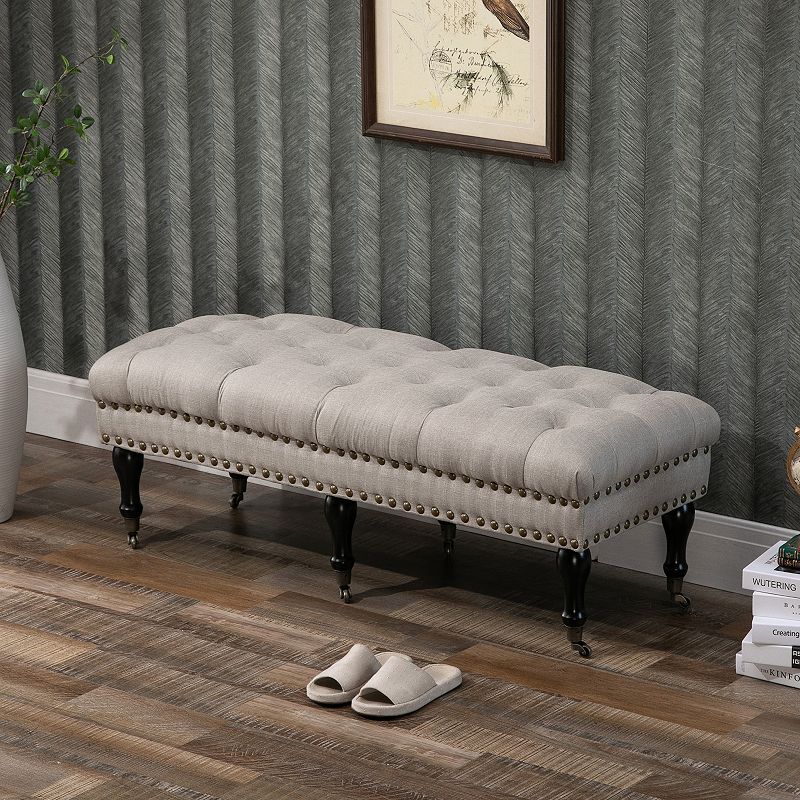 HOMCOM Mobile Upholstered Bench Rolling Button Tufted Fabric Accent Ottoman with Nailhead Trim and Wheels Beige