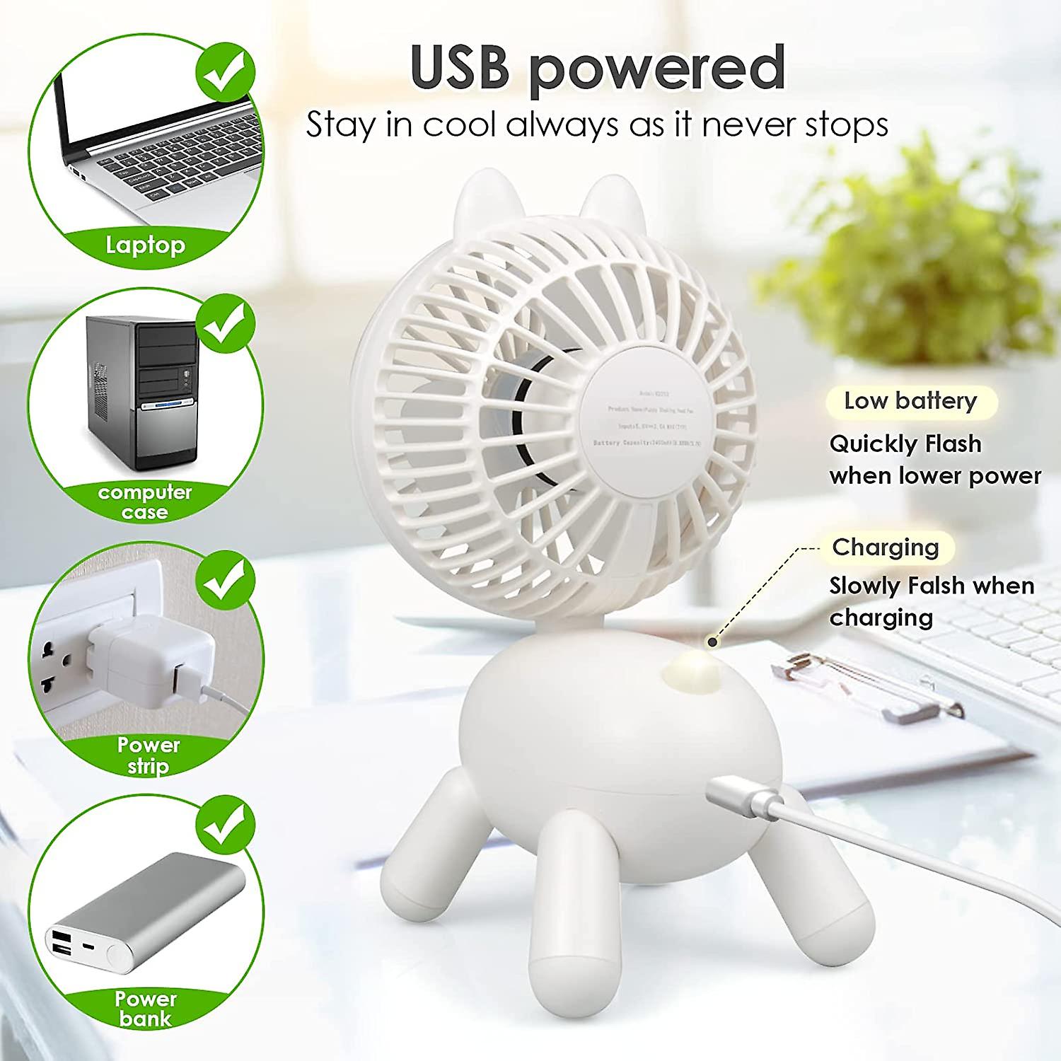 20.3cm Rechargeable Small Desk Fan With Rotating Head 13 Hours Use， 3 Speed Small Desk Fan With Cute Dog Shape For Home/office/workplace，white