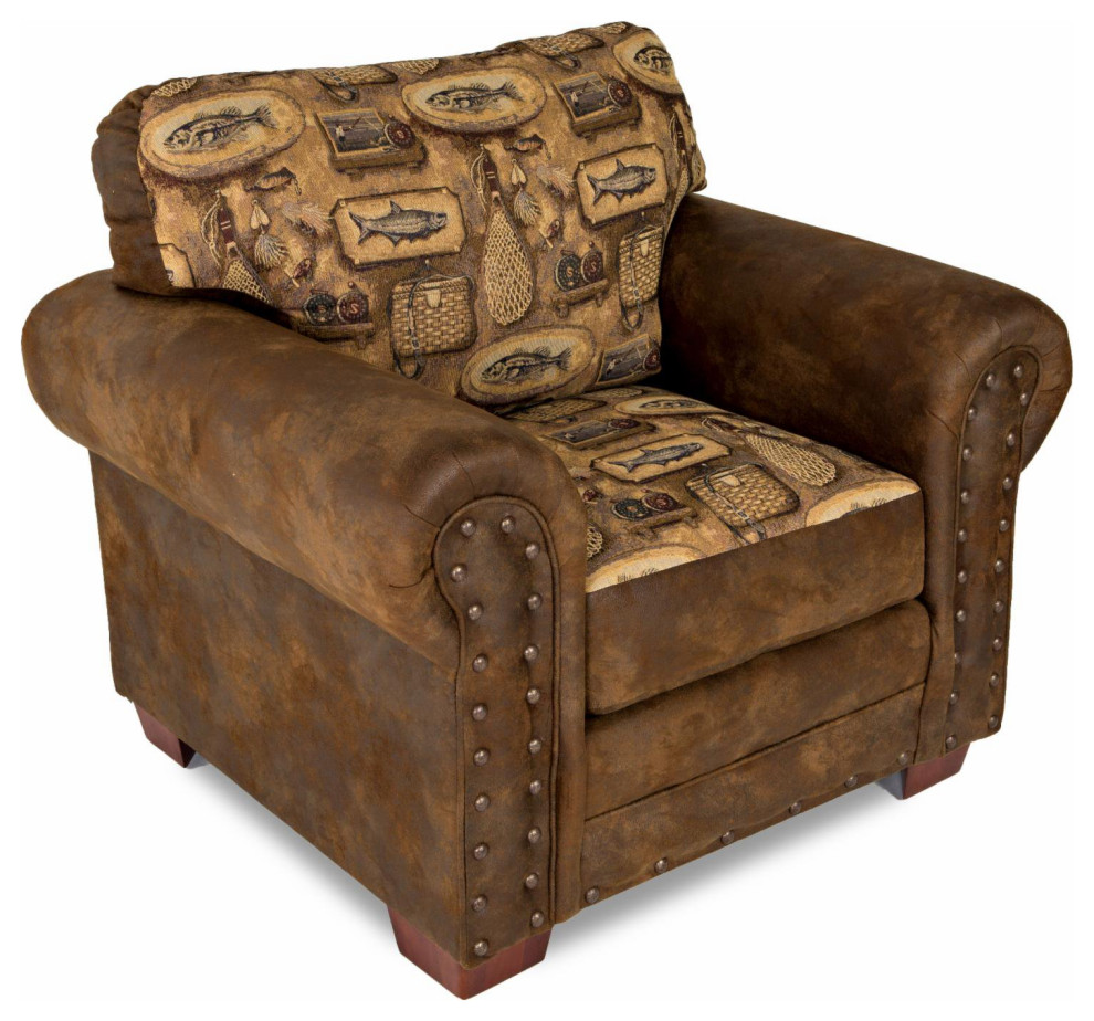 Unique Accent Chair  Microfiber Upholstered Seat With Fishing Motif  Brown   Rustic   Armchairs And Accent Chairs   by Declusia  Houzz