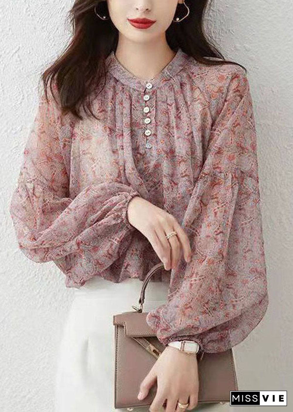 Bohemian Pink Stand Collar Print Chiffon Shirt Top Lantern Sleeve