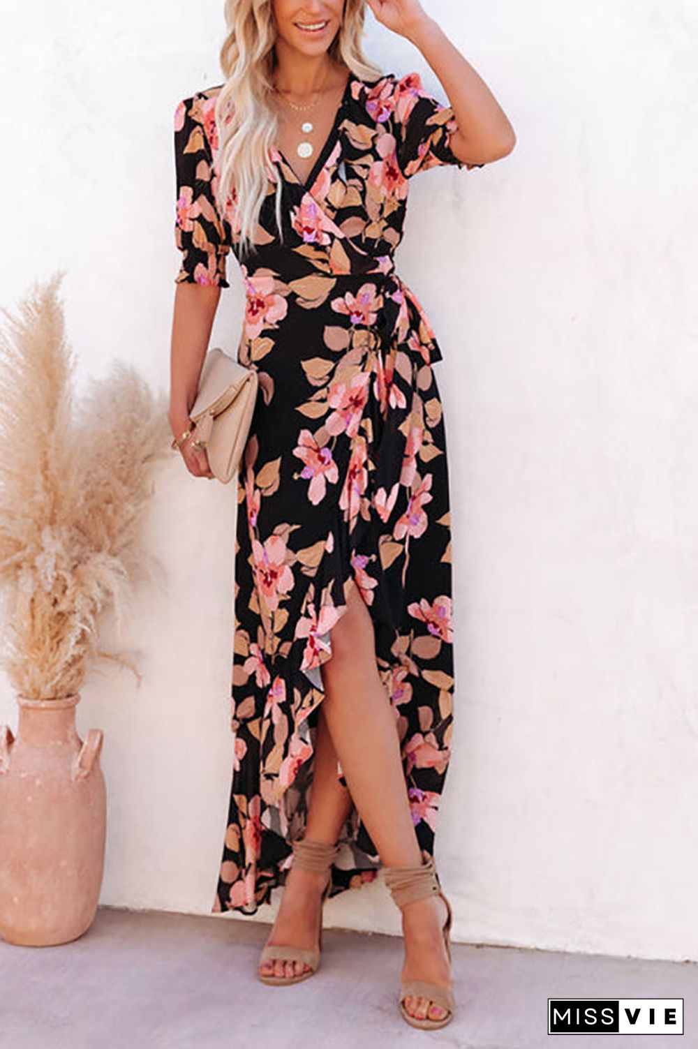 Floral Irregularity Wrap Maxi Dress