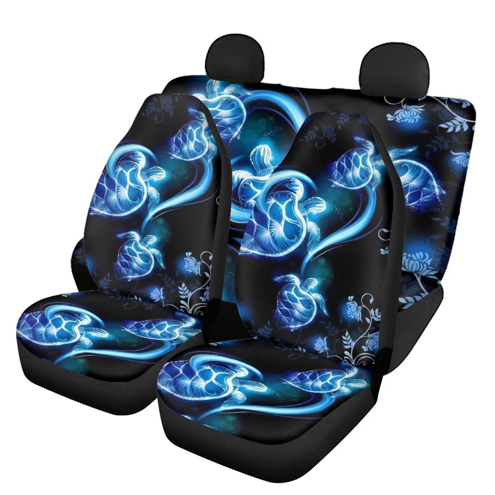 FKELYI Stretchy Polyester Split Bench Front and Rear Auto Seat Covers Car Accessories，Fit Most Car，SUV，Truck，Van，Non-Slip Shiny Flower Turtle Print Car Vehicle Seat Covers Protectors，Female Male