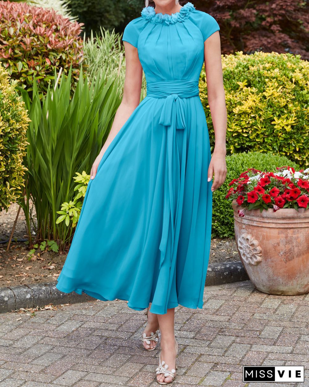 Elegant chiffon lace-up midi dress