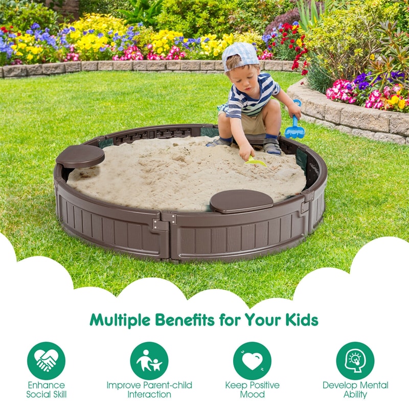 Kids Outdoor Playset Sandbox with Cover Detachable Corner Seats Bottom Liner - Round