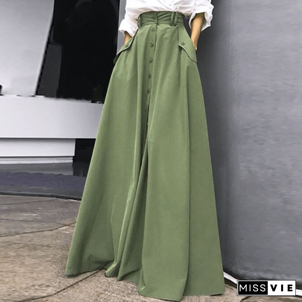 Women Umbrella Long Skirt A Line Dress Buttons High Waist Pleated Casual Loose Maxi Skirts Plus Size