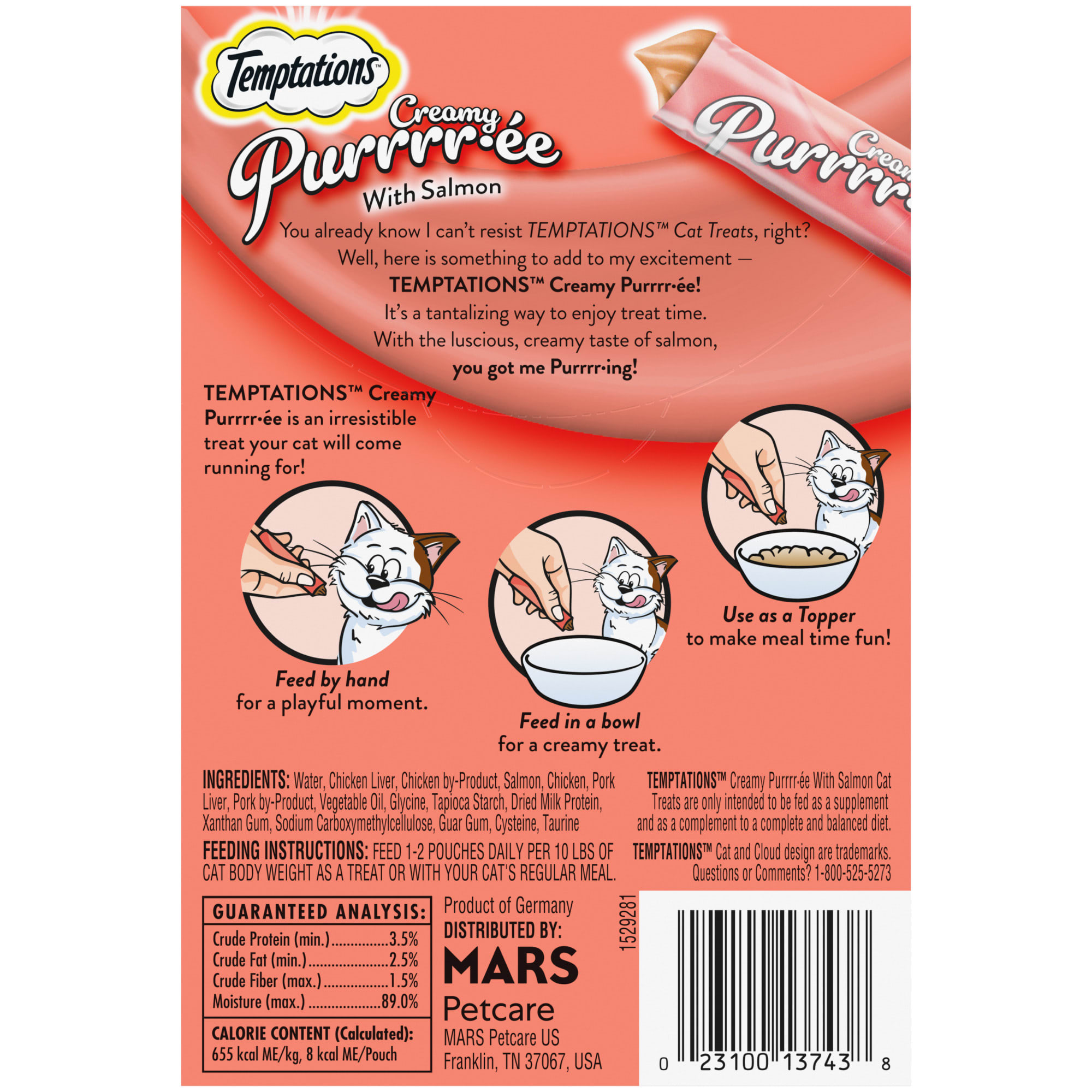 Temptations Creamy Purrrr-ee with Salmon Cat Treats， 1.7 oz.