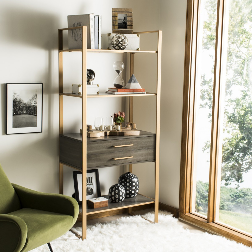 Lovell 4 Tier 1 Drawer Etagere/ Bookcase Gold/ Grey/ Oak   Contemporary   Bookcases   by Peachtree Fine Furniture  Houzz