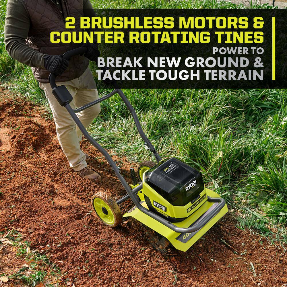 RYOBI 40V HP Brushless 16 in. Front Tine Tiller with Adjustable Tilling Width with 6.0 Ah Battery and Quick Charger RY40730