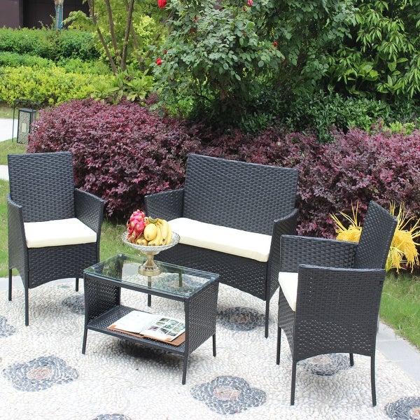 4 Pcs Rattan Patio Furniture Set Outdoor Patio Cushioned Seat Wicker Sofa Conversation Sets - Overstock - 37823590