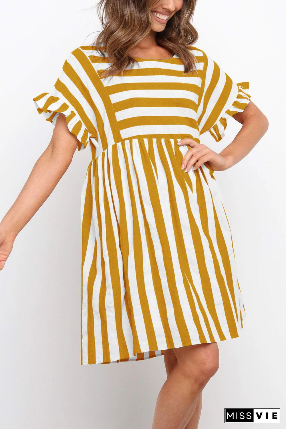 KarliDress Flounces Short Sleeved Stripes Mini Dress P12547