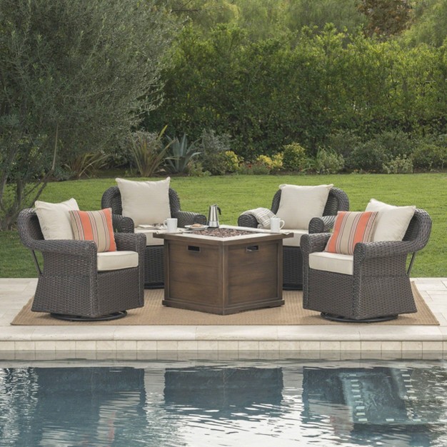 Venti 5pc Wicker Swivel Club Chairs And Fire Pit Dark Brown beige Christopher Knight Home