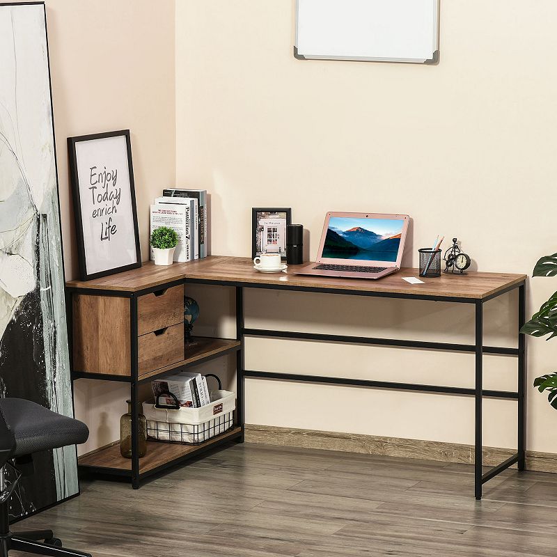 HOMCOM L Shaped Home Offie Computer Desk with Storage Shelves 2 Dawers and Industrial Steel Frame Black/Brown