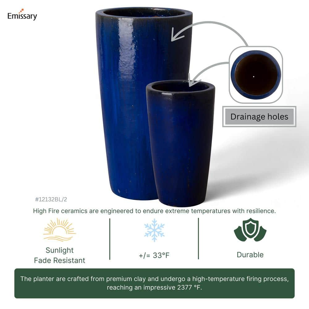 Emissary 13 in. D x 22.5 in. H Blue Ceramic Round Planter with Drainage Hole 12132BL-1