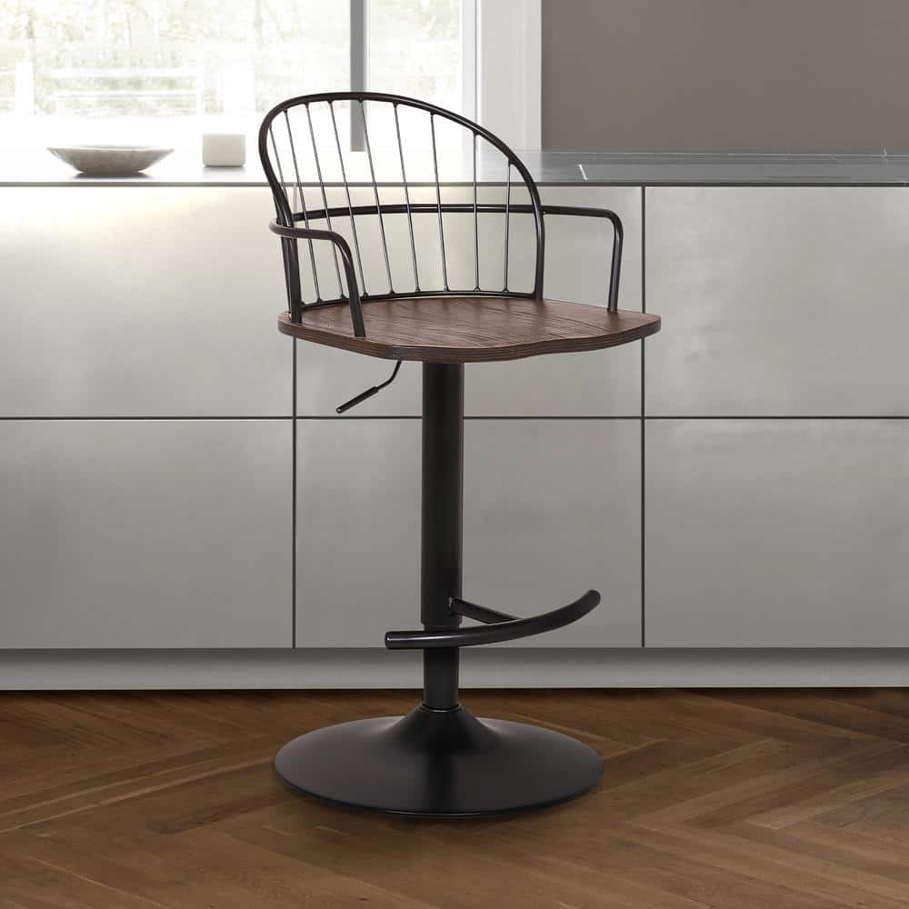 Armen Living Edward Adjustable Walnut Glazed Bar Stool in Black Powder Coated Finish LCEWBABLWA