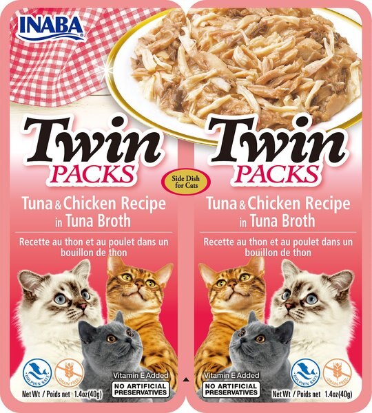 Inaba Twin Packs Tuna and Chicken Recipe in Tuna Broth Grain-Free Cat Food Topper， 1.4-oz， pack of 2