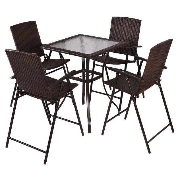 Costway 5pcs Rattan Patio Furniture Set 4 Bar Stool Folding Chair Bar Table W glass Top