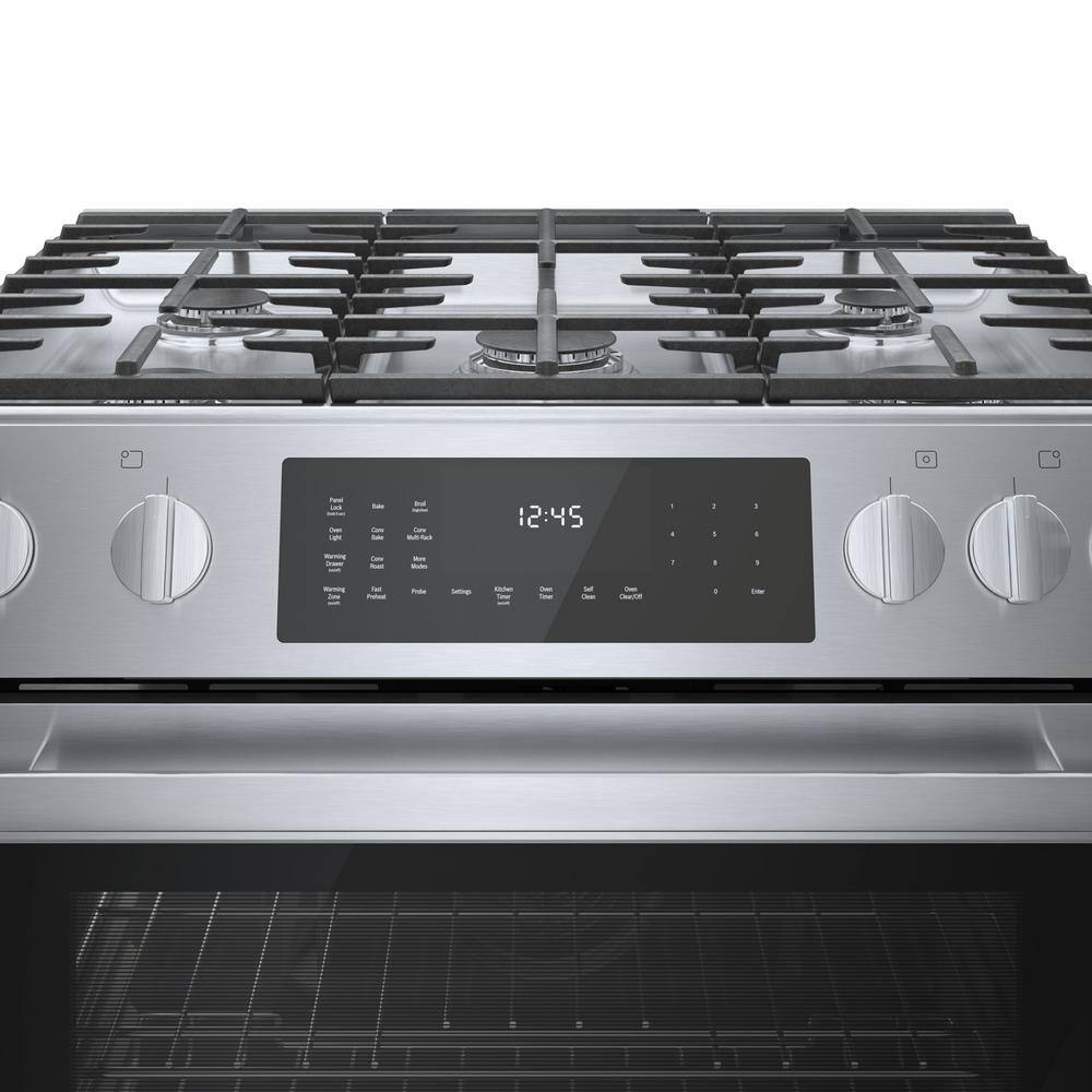 Bosch 800 Series 30 in. 5 Burner Slide-In Gas Range in Stainless Steel with 4.8 cu. Ft. True Convection and Self-Cleaning Oven HGI8056UC