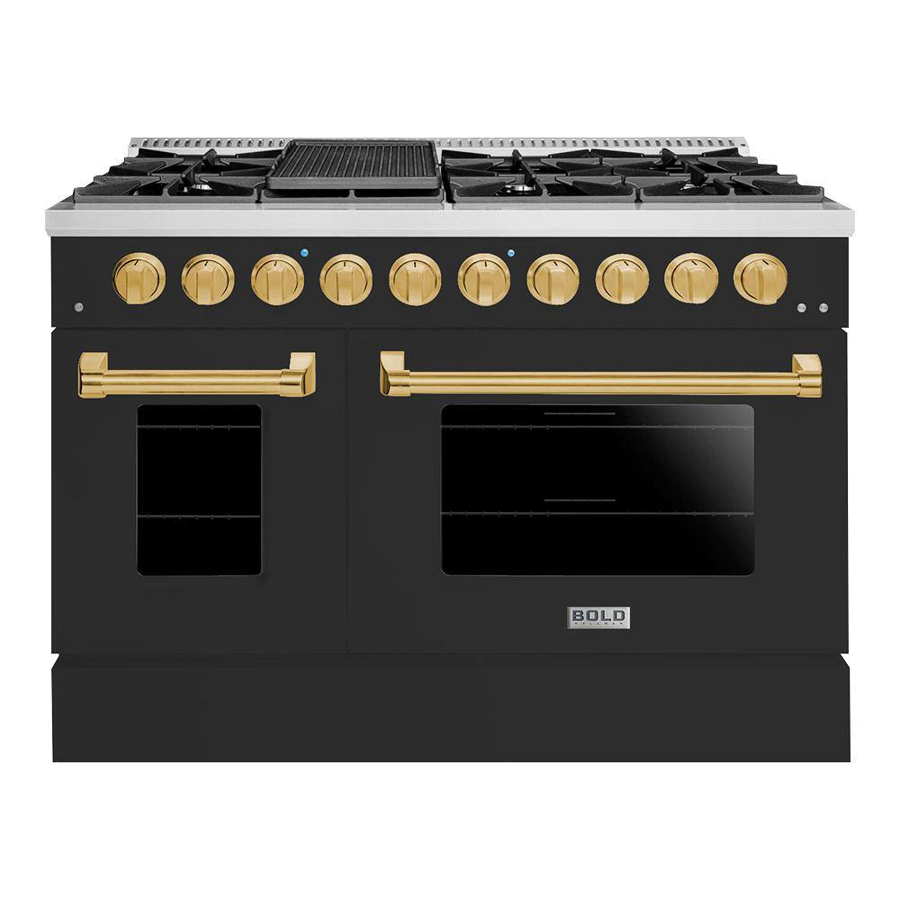 Hallman BOLD 48 in. TTL 6.7 Cu. ft. 8 Burner Freestanding All Gas Range with Gas Stove and Gas Oven Matte Graphite Brass Trim HBRG48BSMG