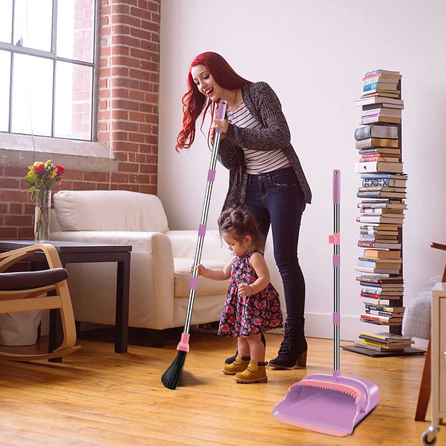 Upgrade Broom and Dustpan Set, Self-Cleaning with Dustpan Teeth, Ideal for Dog Cat Pets Home Use, Super Long Handle Upright Stand Up Broom and Dustpan Set (Gray&Orange)