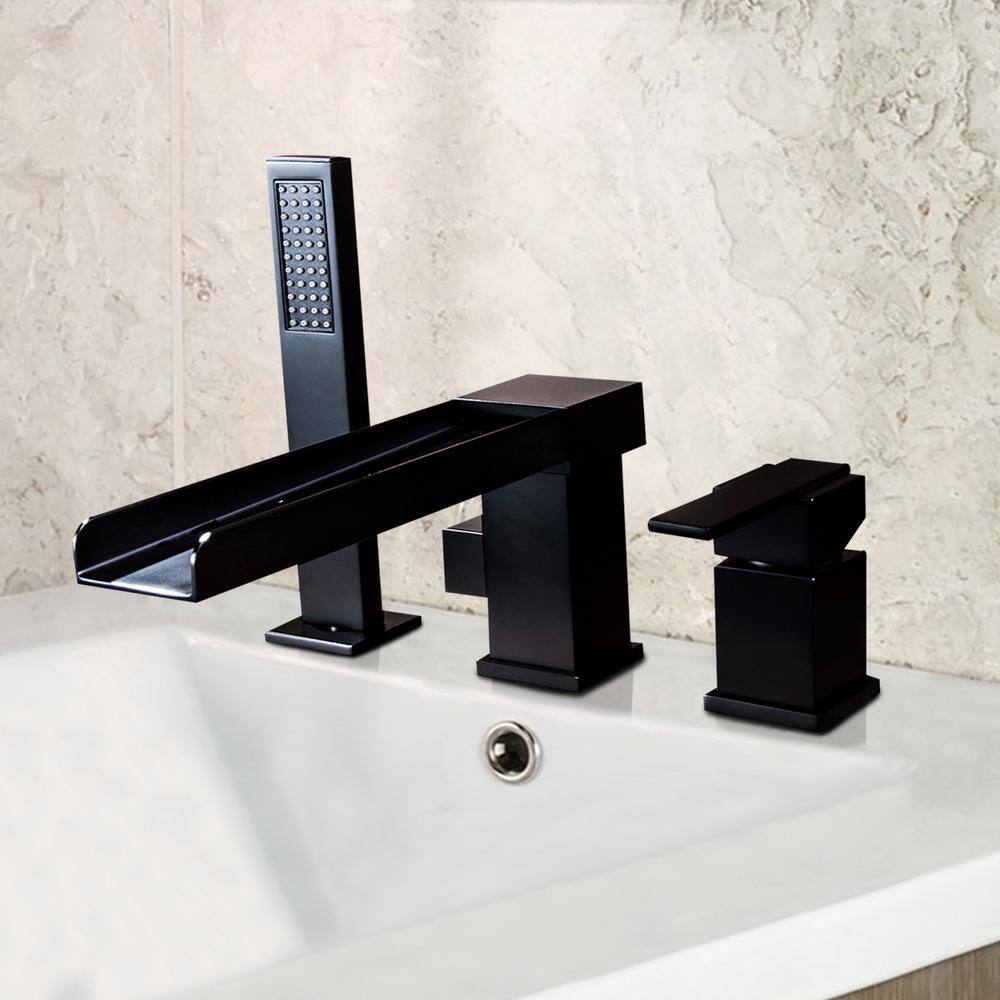 WELLFOR Waterfall Single-Handle Deck-Mount Roman Tub Faucet with Hand Shower in Matte Black WB-TFA002MB