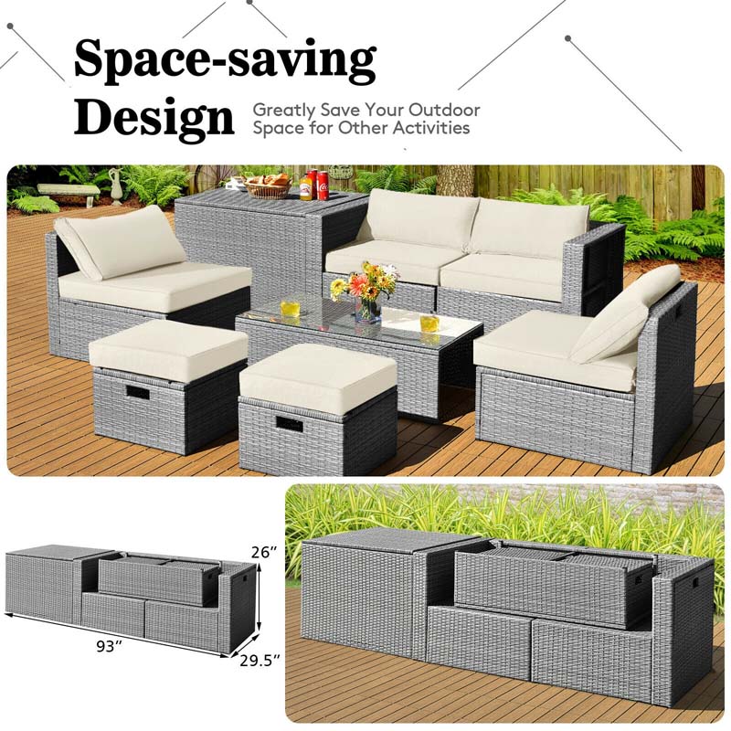 8 Pcs Rattan Patio Sectional Furniture Set Wicker Outdoor Cushioned Sofa Set with Storage Box & Waterproof Cover