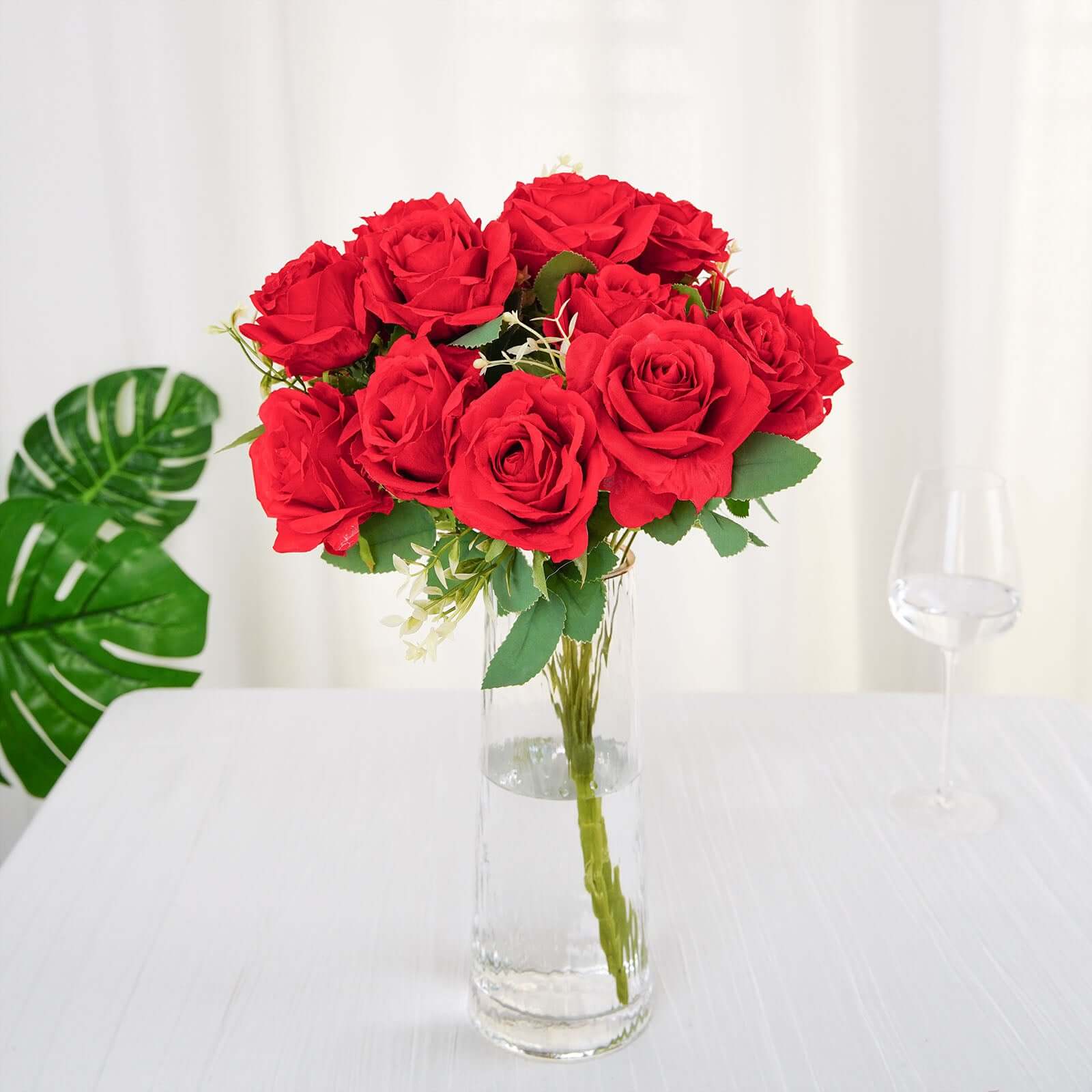 2 Bushes Red Artificial Silk Rose Flower Arrangements, Real Touch Long Stem Flower Bouquet 18