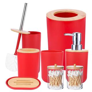 Dracelo 8-Piece Bathroom Accessory Set with DispenserToothbrush HolderSoap DishToilet BrushTrash CanQtip Holders in Red B09VYNH8YD