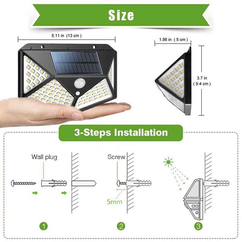 Solar Lights Outdoor 100 Led Super Bright Motion Sensor Light 270° Wide Angle Wireless Waterproof Security IP65 Wall Lights for Front Door， Yard， Garage， Deck， Pathway， Porch - 5.11