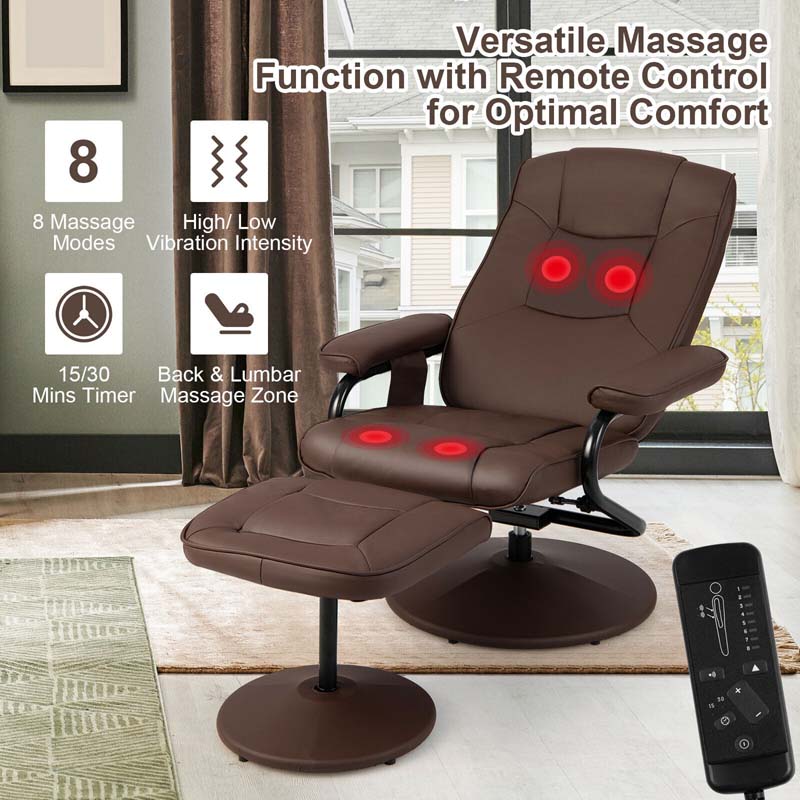 360° Swivel Massage Recliner Chair with Ottoman, Faux Leather Lounge Armchair for Living Room Bedroom Office