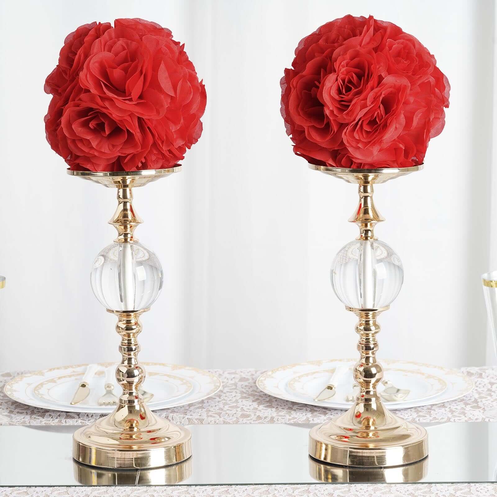 2 Pack Red Artificial Silk Rose Kissing Ball, Faux Flower Ball 7