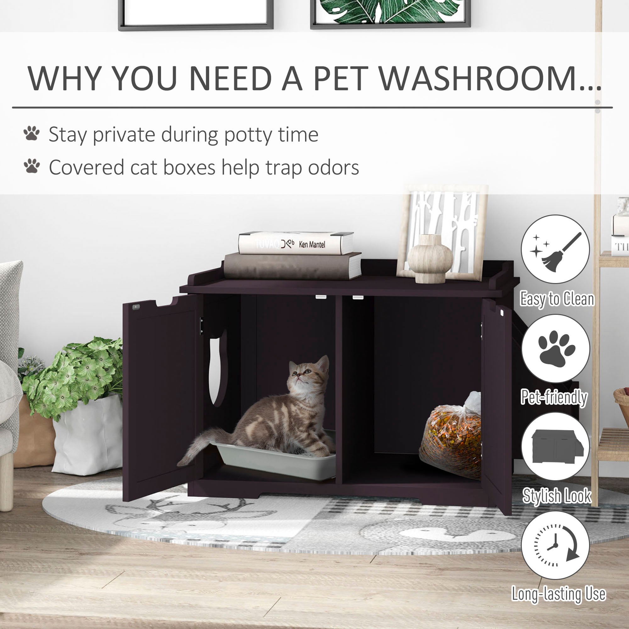 Pawhut Wooden Cat Litter Box Enclosure， Brown