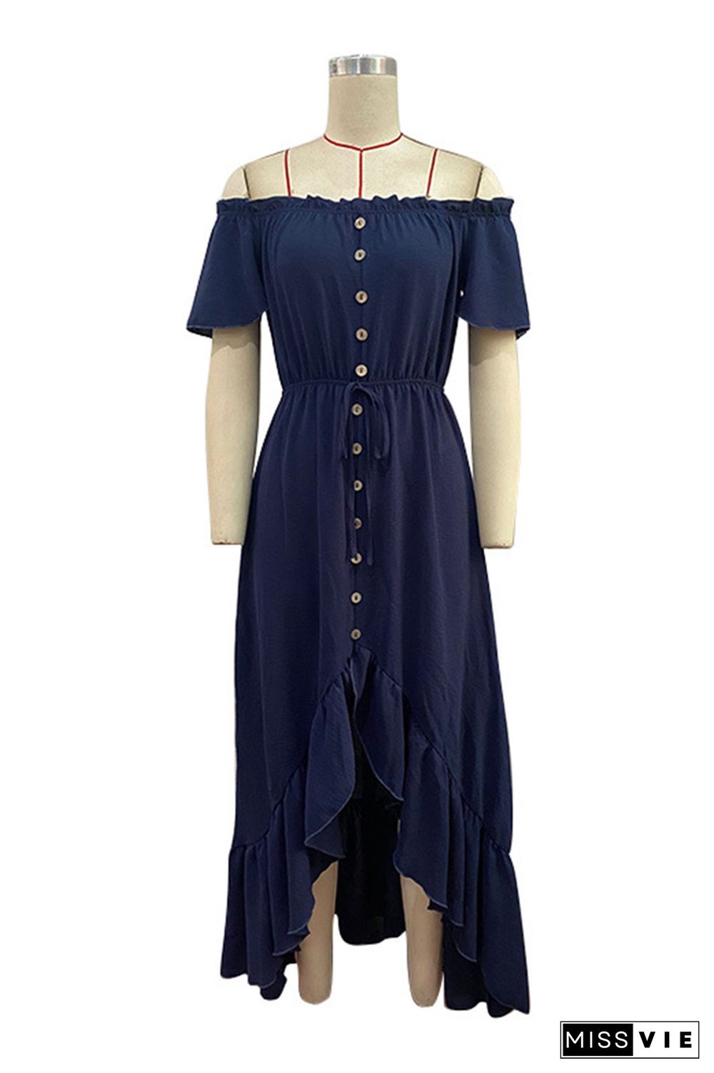 Navy Off Shoulder Button Down Drawstring High Low Ruffle Maxi Dress