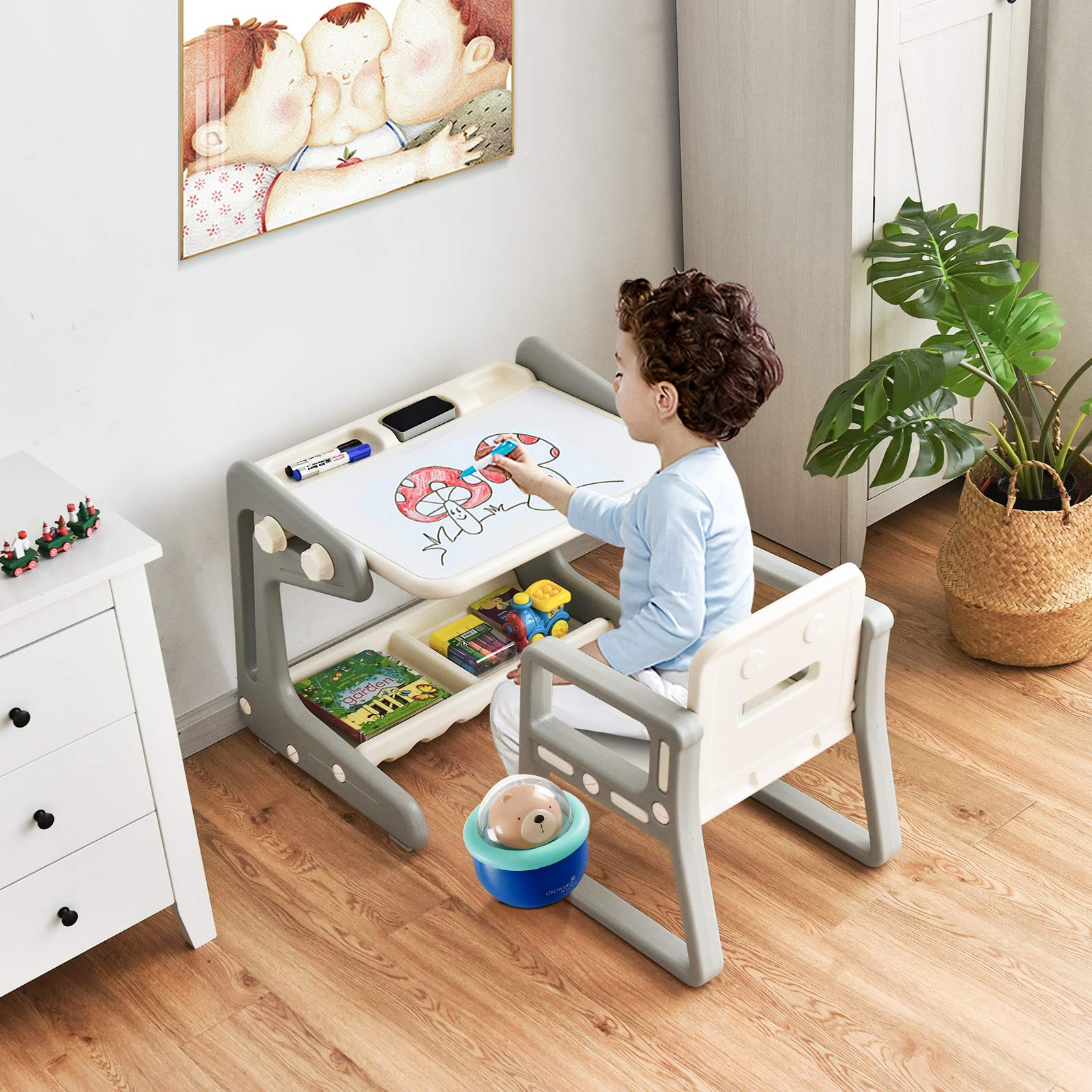 Costzon 2 in 1 Kids Table & Chair, Art Easel w/Adjustable Magnetic Painting Board, Storage Space