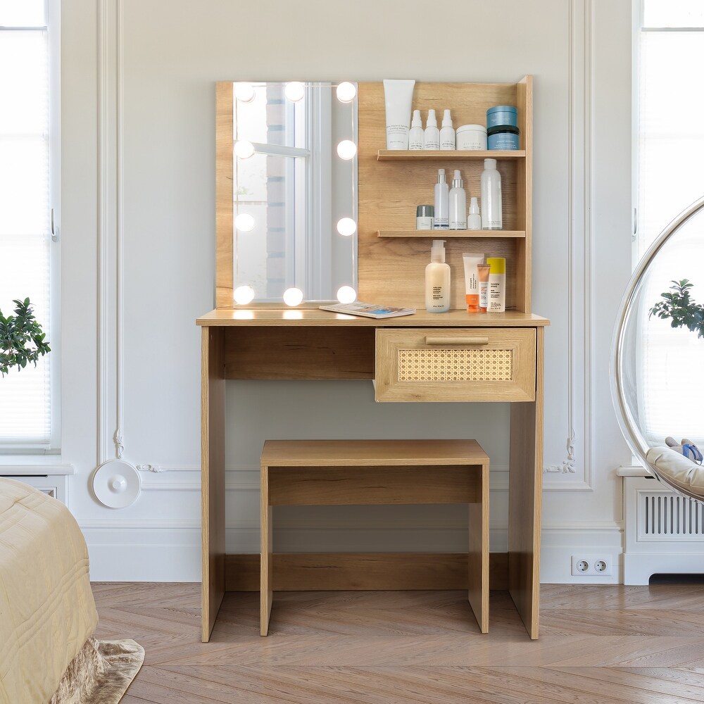 Vanity Desk Set Stool   Dressing Table with LED Lighting Mirror Drawer and Compartments Modern Wood Cosmetic Table