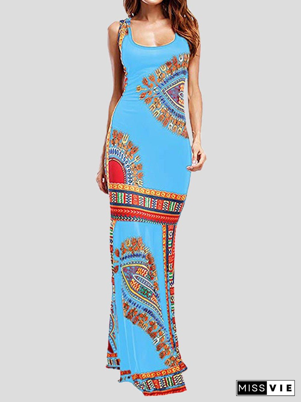 Women'S Dresses Vintage Print Sleeveless Slim Fit Dress