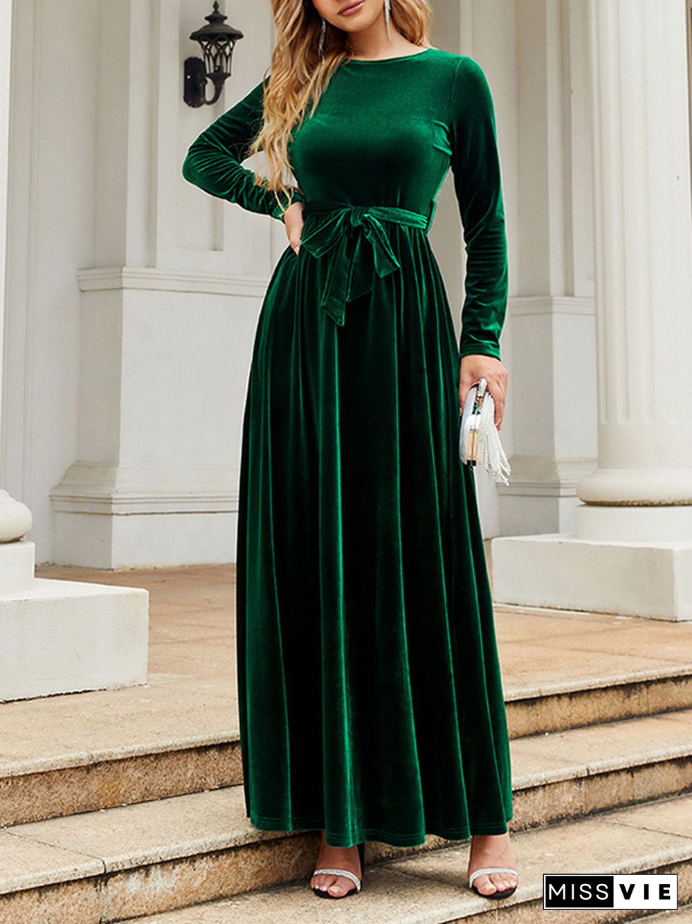 Long Sleeves Wrap Belted Pleated Solid Color Zipper Round-Neck Maxi Dresses