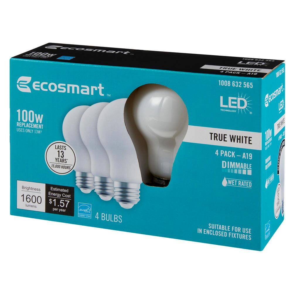 EcoSmart 100-Watt Equivalent A19 Frosted Glass Energy Star Dimmable E26 Base LED Light Bulb True White (4-Pack) FG-04312