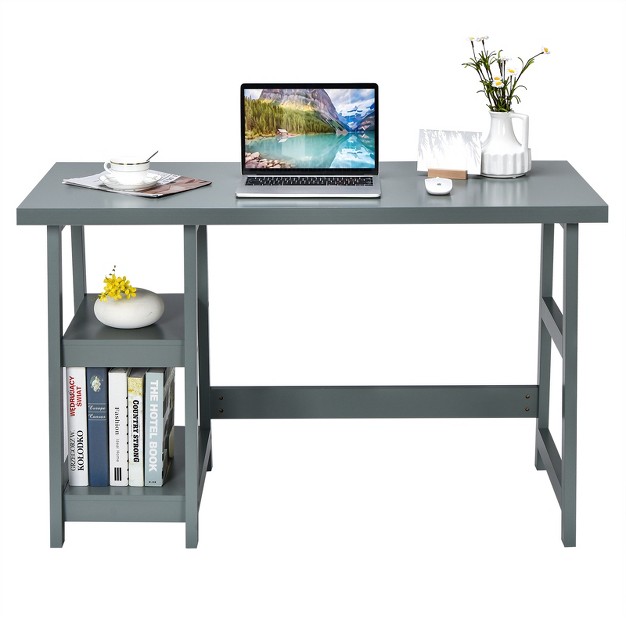 Tangkula Trestle Computer Desk Indoor Office Workstation For Home Office With 2 tier Storage Shelves