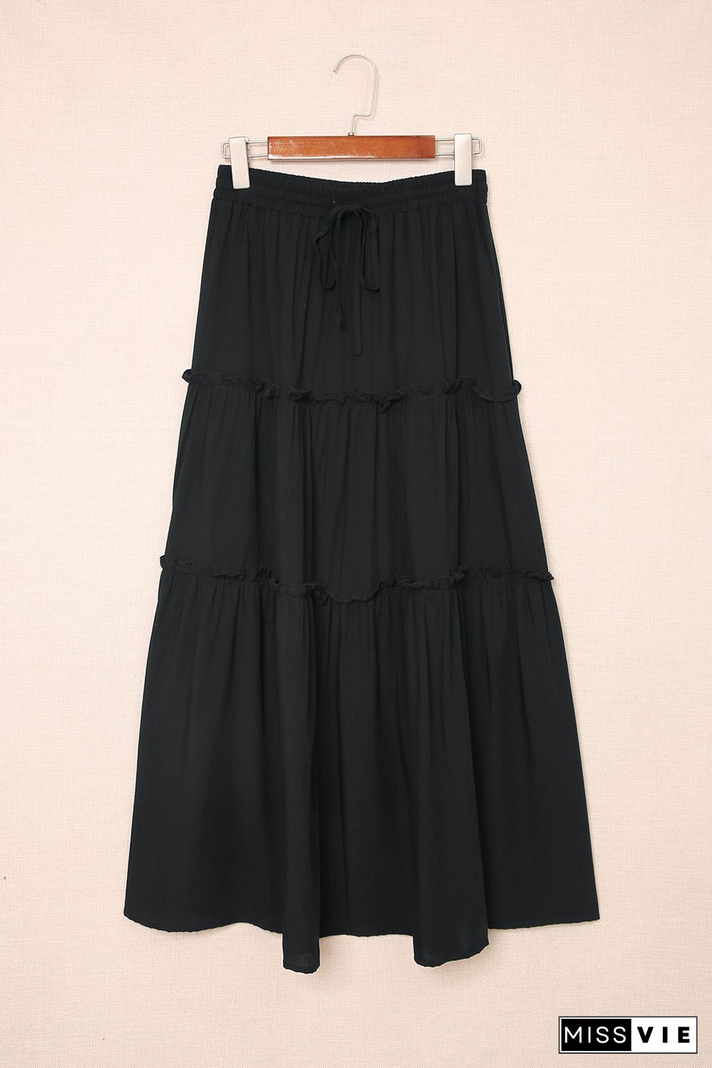 Black Solid Layered Ruffled Drawstring High Waist Maxi Skirt