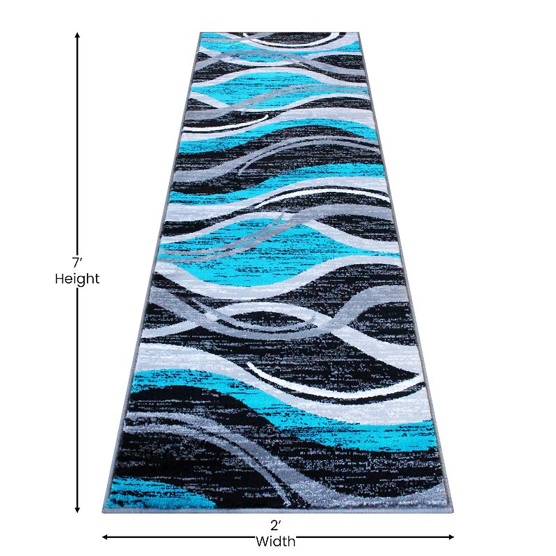 Masada Rugs Masada Rugs Stephanie Collection Area Rug Runner with Modern Contemporary Design 1109 in Turquoise， Gray， Black and White - 2'x7'