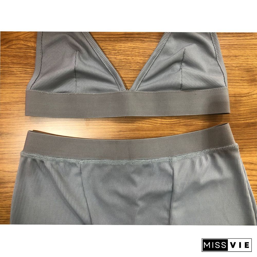 Casual Fitness Solid Color Sexy Backless Deep V Gym Bra Crop Top Shorts Bodycon Two Piece Outfits