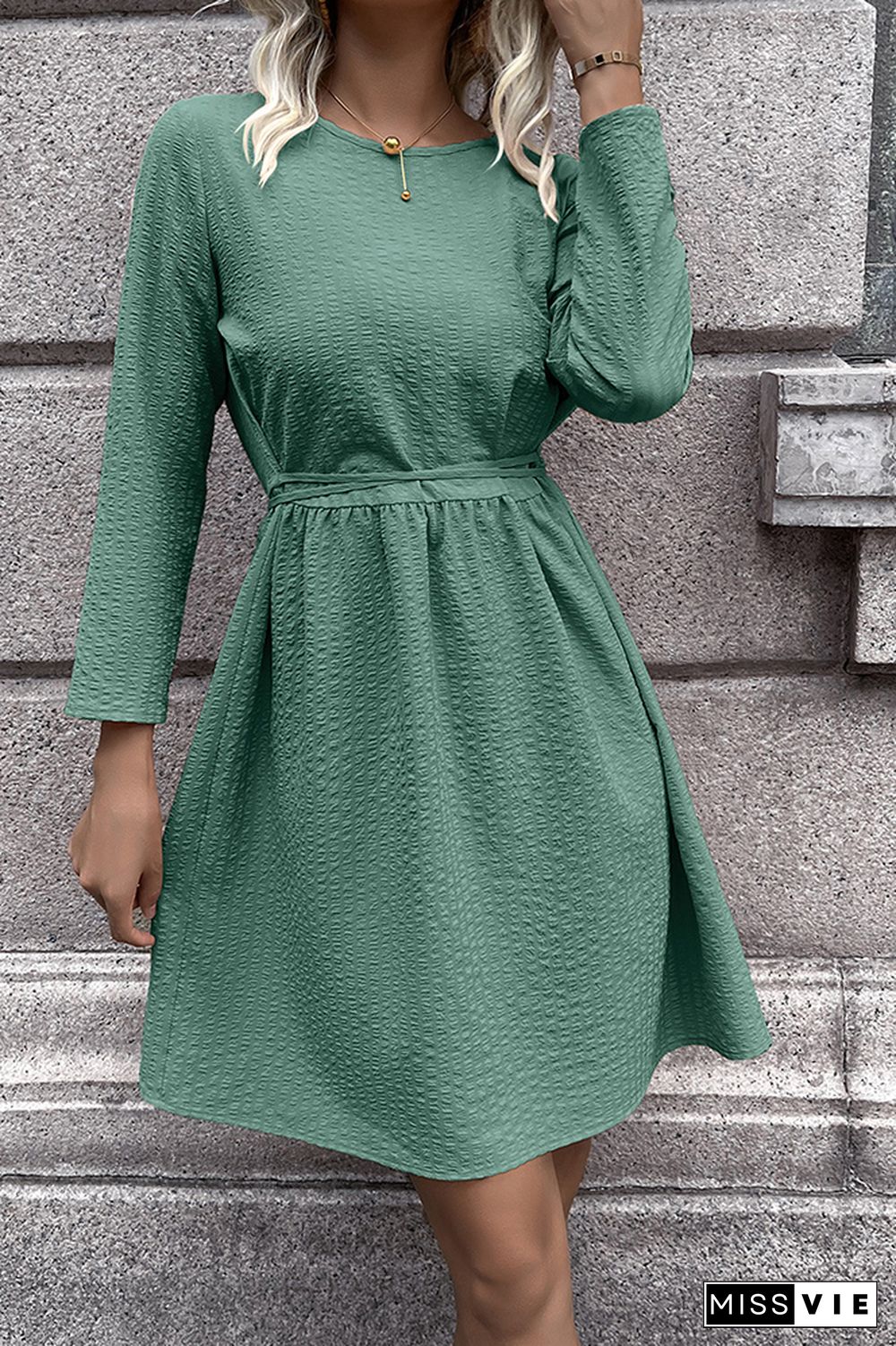 Waist Tie Long Sleeve Smock Mini Dress