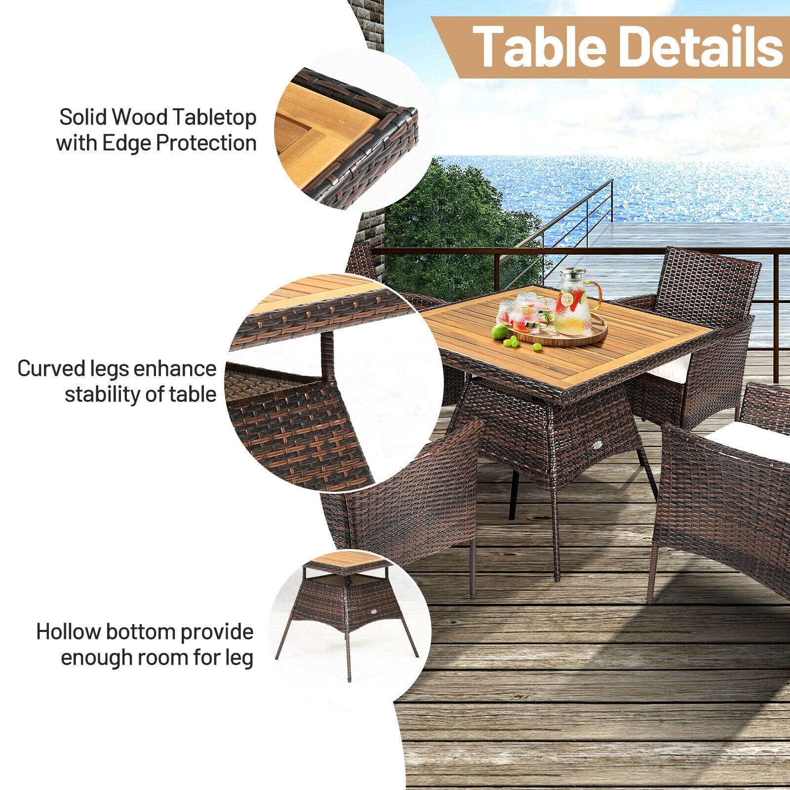 5 Pcs Rattan Patio Dining Table Set with Umbrella Hole, Acacia Wood Tabletop & 4 Cushioned Armchairs